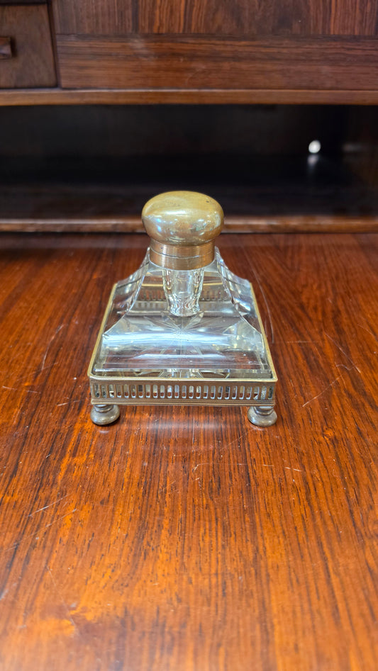 Antique French Crystal Inkwell | Belle Époque | Brass Gallery & Bun Feet | c. 1880–1910