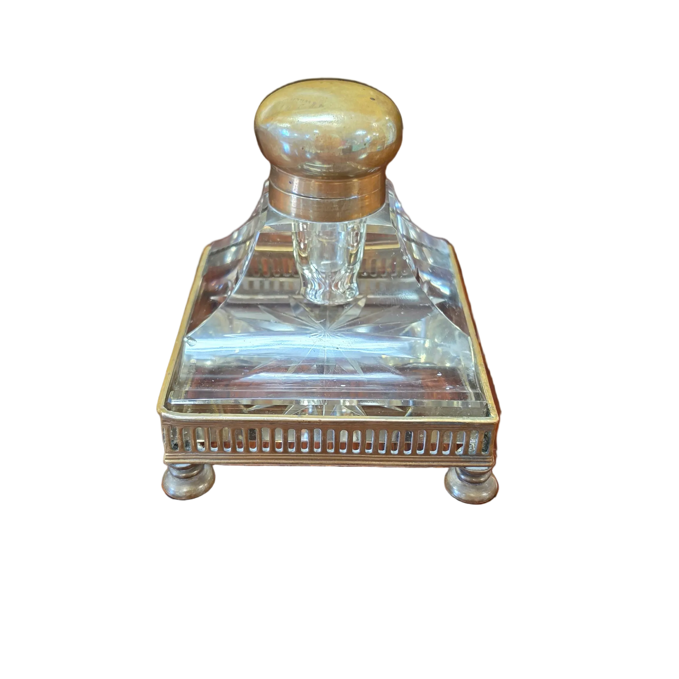 Antique French Crystal Inkwell | Belle Époque | Brass Gallery & Bun Feet | c. 1880–1910
