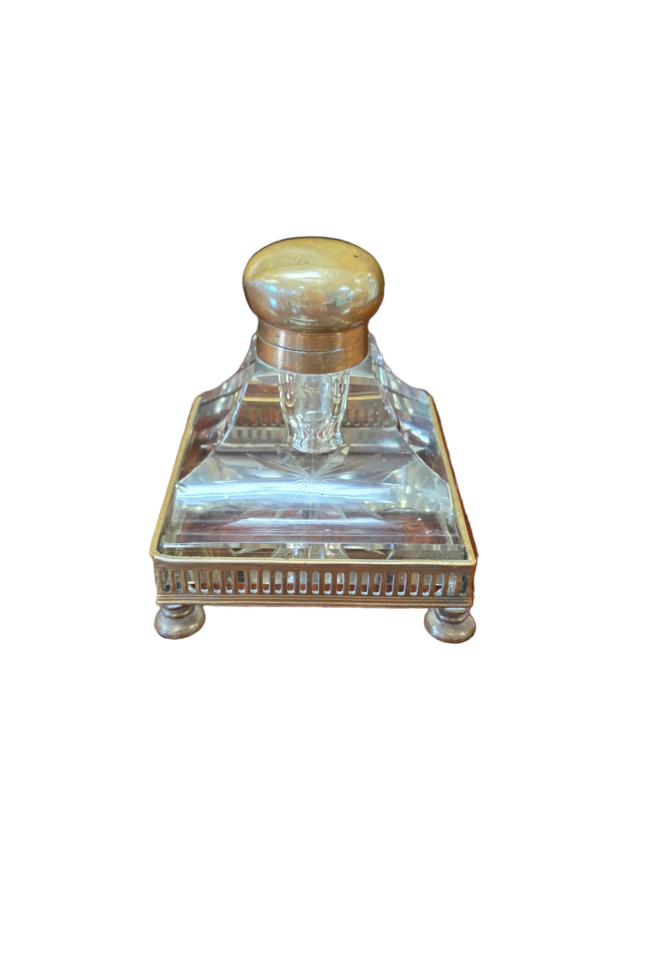Antique French Crystal Inkwell | Belle Époque | Brass Gallery & Bun Feet | c. 1880–1910