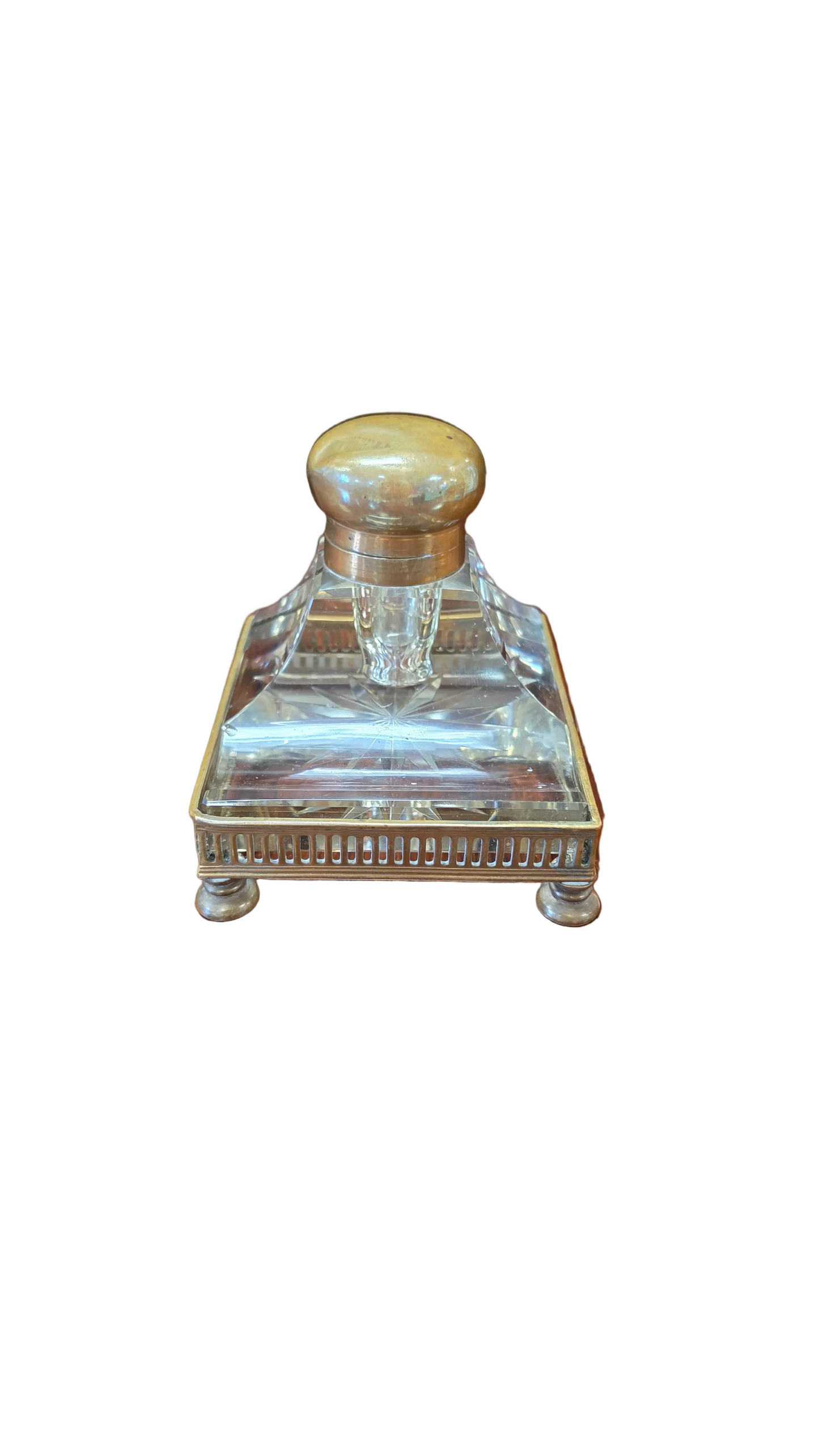 Antique French Crystal Inkwell | Belle Époque | Brass Gallery & Bun Feet | c. 1880–1910