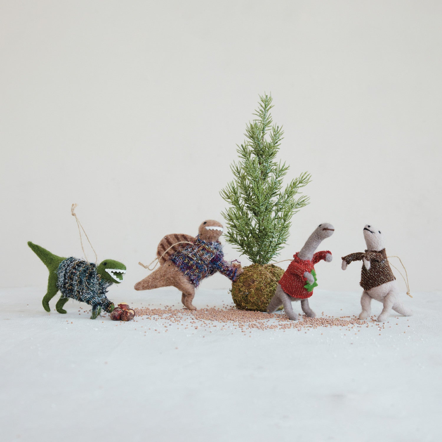 Wool Felt Dinosaur in Sweater Ornament (1)