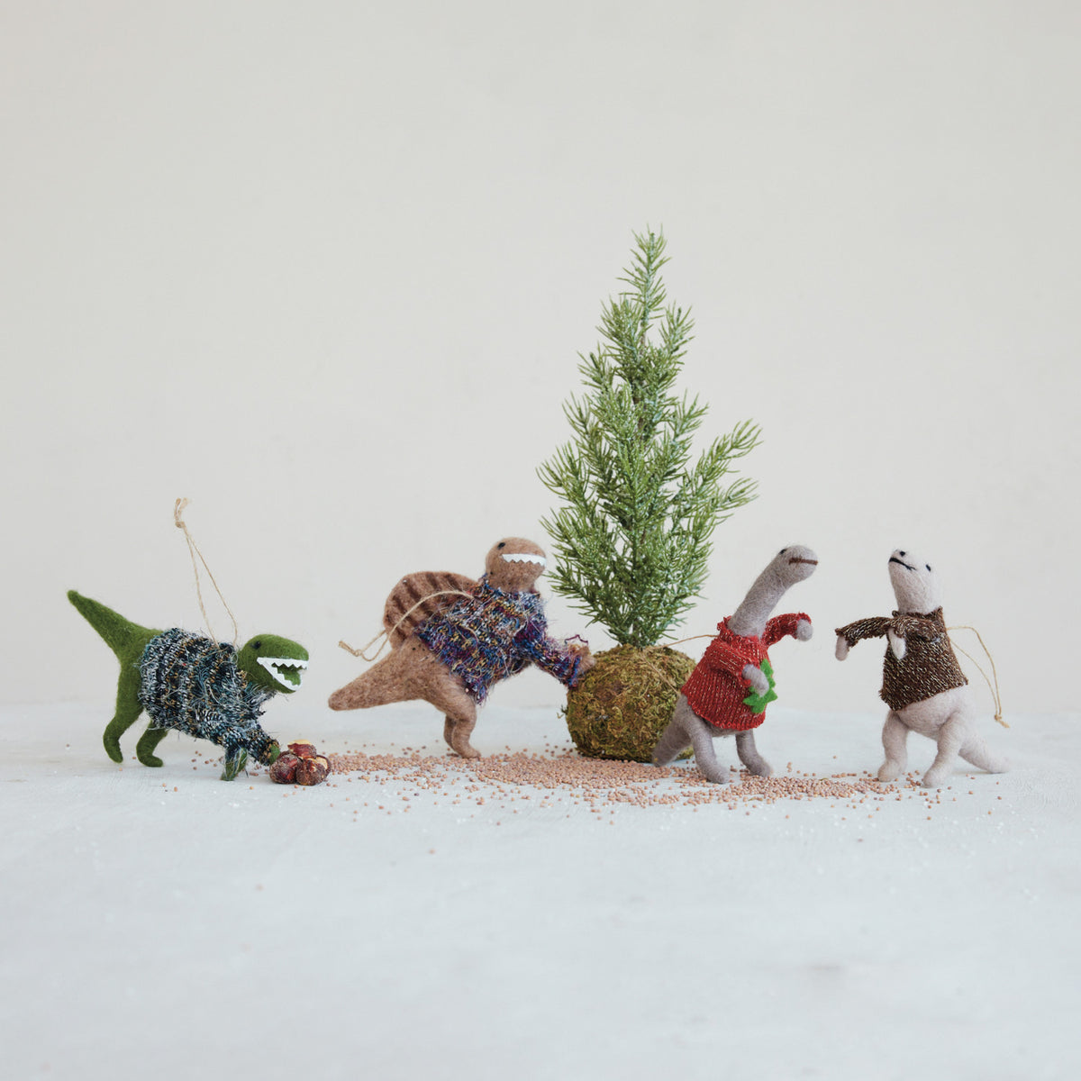 Wool Felt Dinosaur in Sweater Ornament (1)