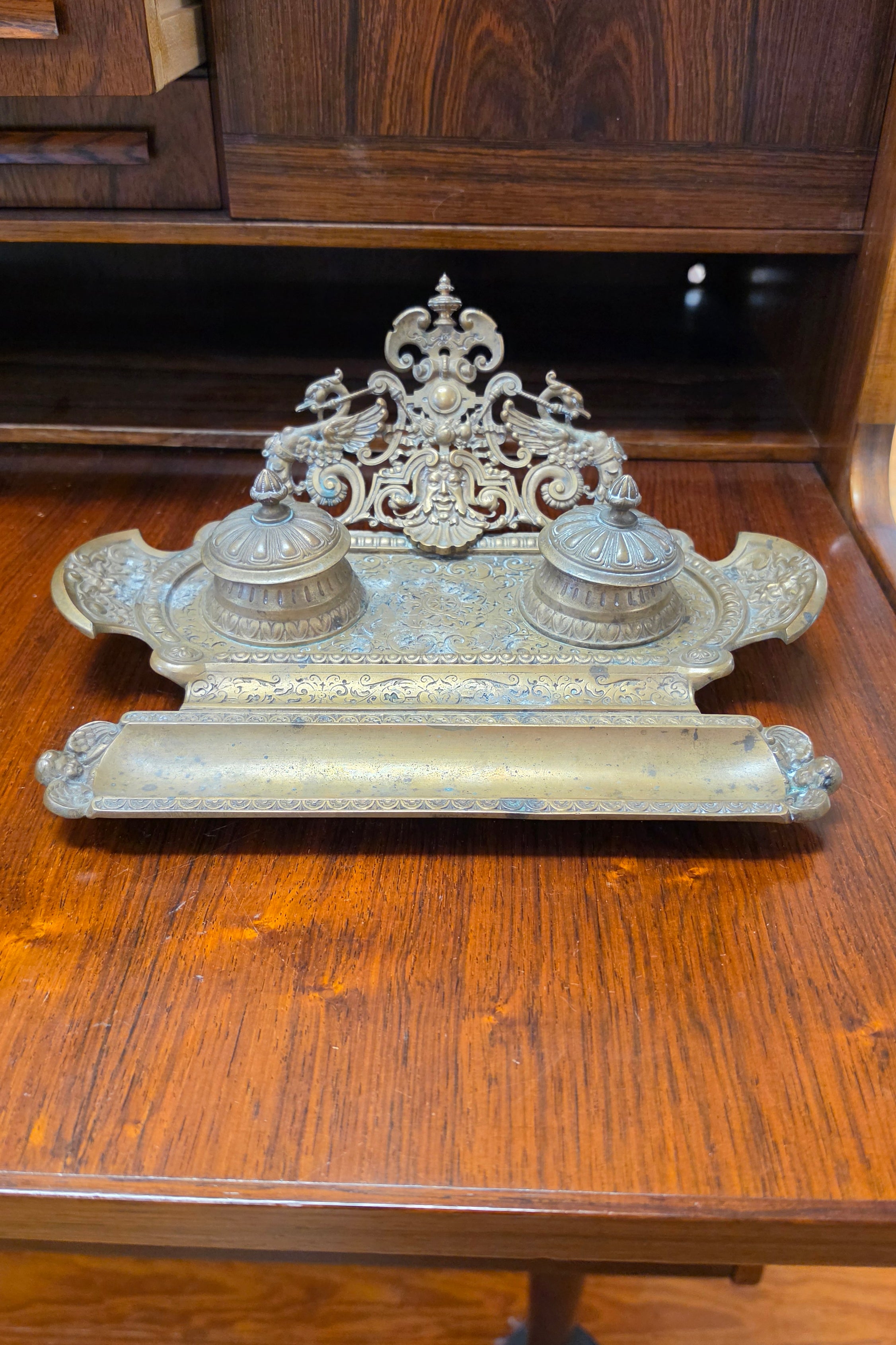Antique French Brass Double Inkwell Stand | Renaissance Revival Desk Set | c. 1880–1900