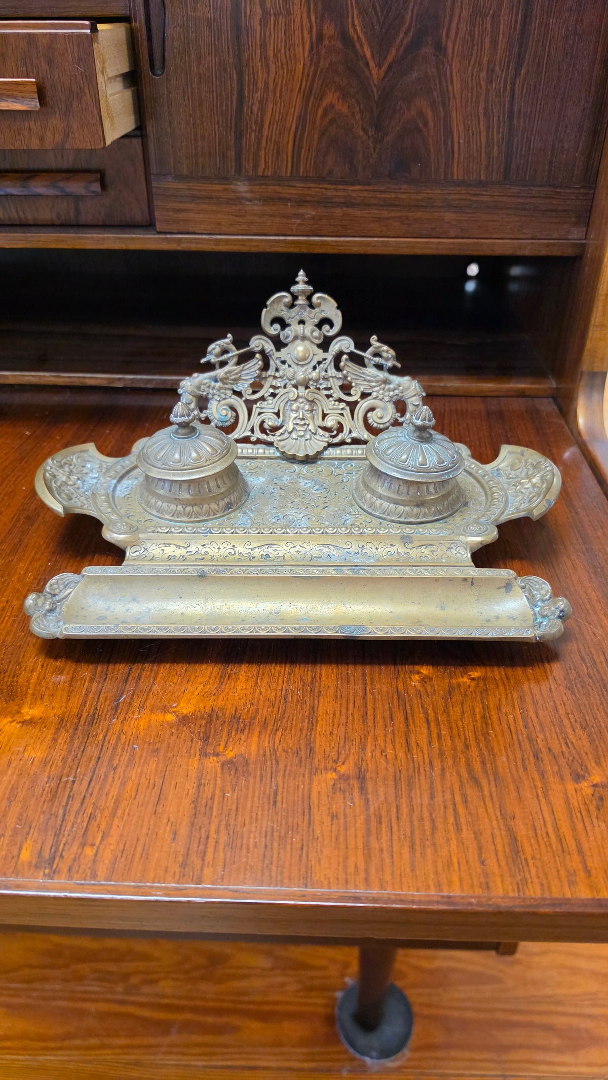 Antique French Brass Double Inkwell Stand | Renaissance Revival Desk Set | c. 1880–1900