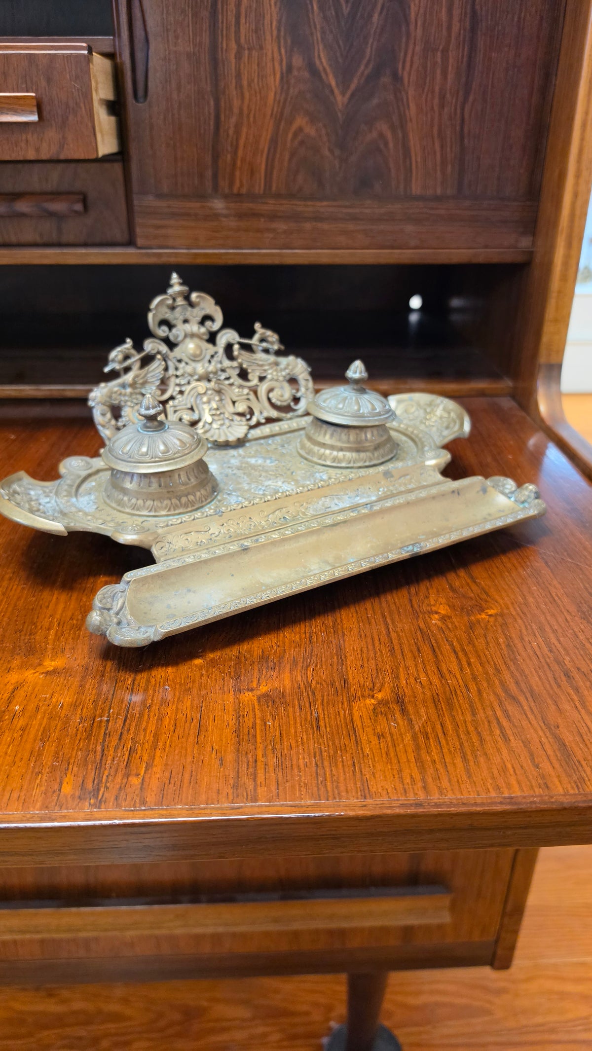 Antique French Brass Double Inkwell Stand | Renaissance Revival Desk Set | c. 1880–1900