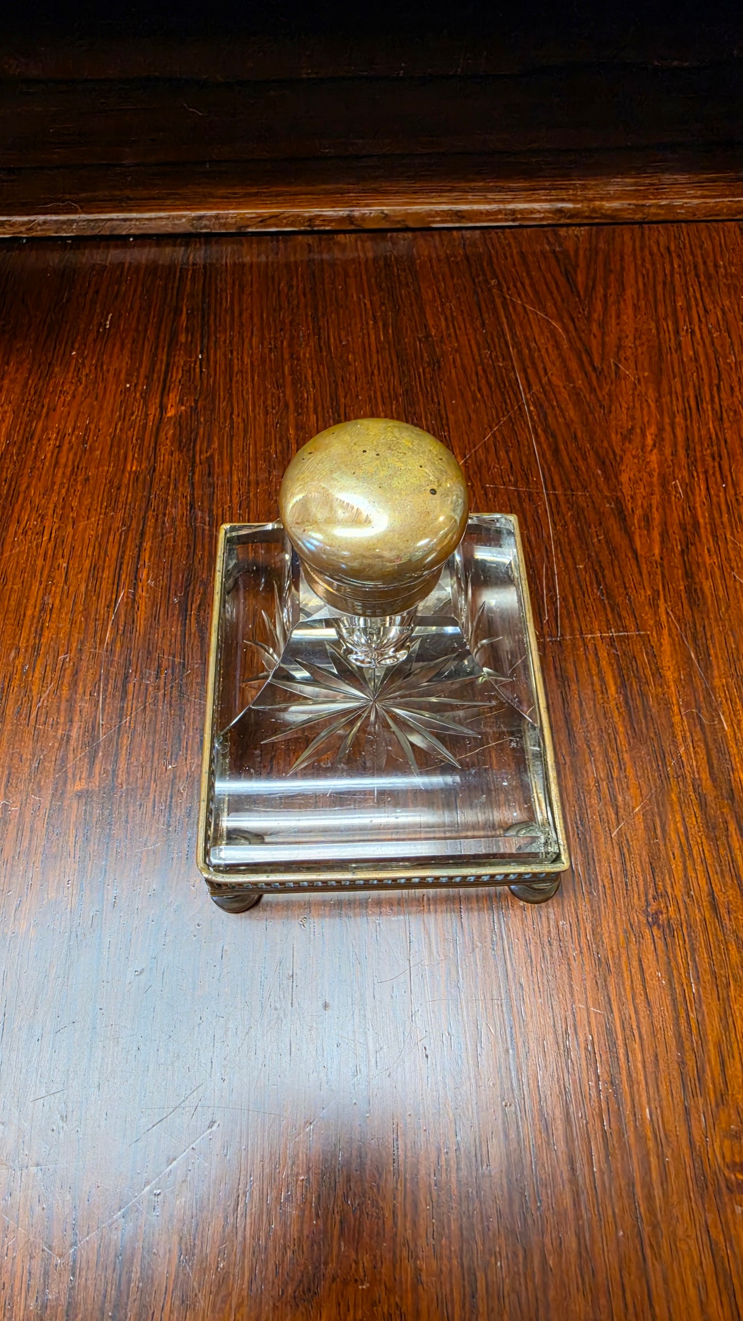 Antique French Crystal Inkwell | Belle Époque | Brass Gallery & Bun Feet | c. 1880–1910