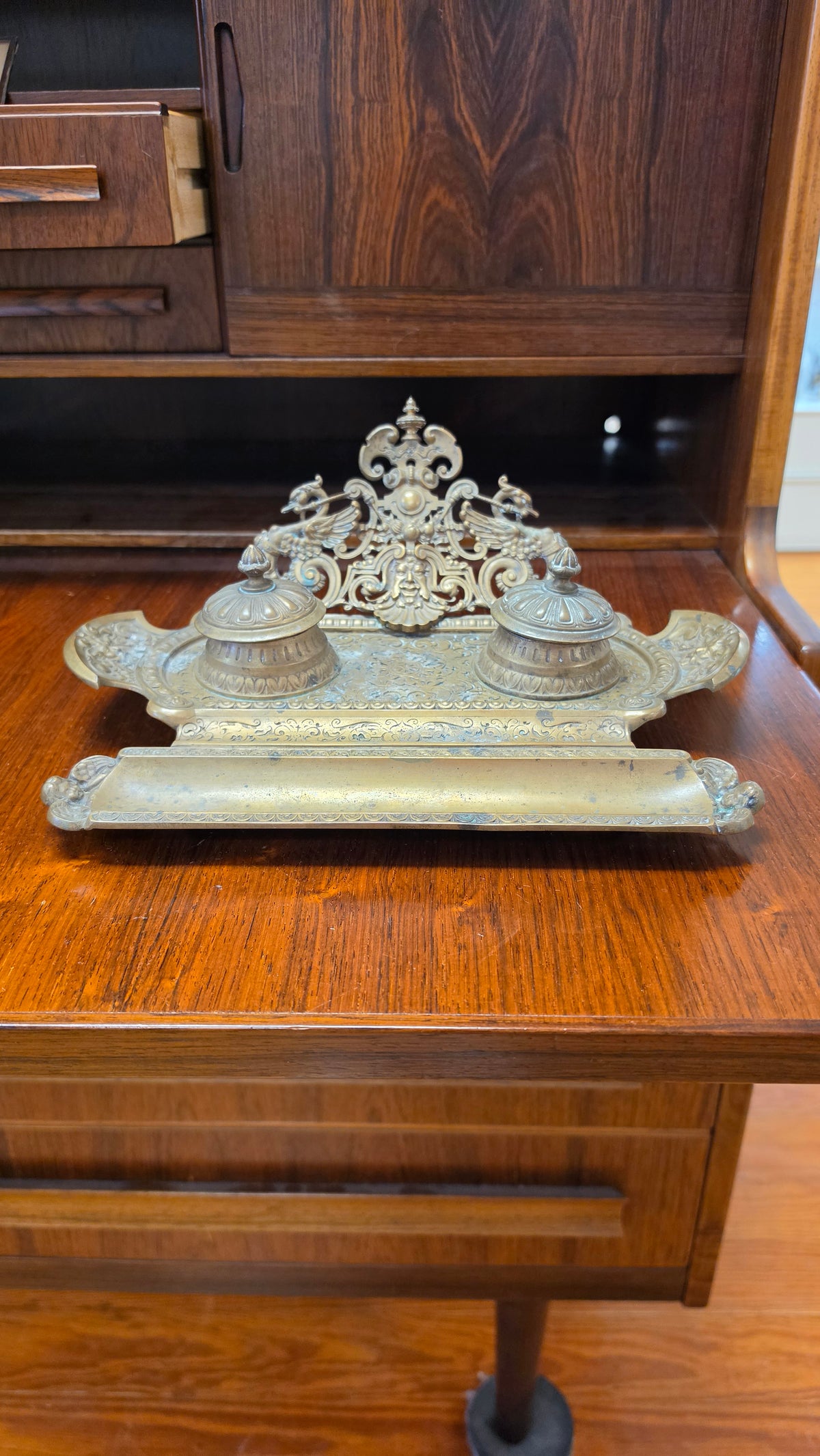 Antique French Brass Double Inkwell Stand | Renaissance Revival Desk Set | c. 1880–1900