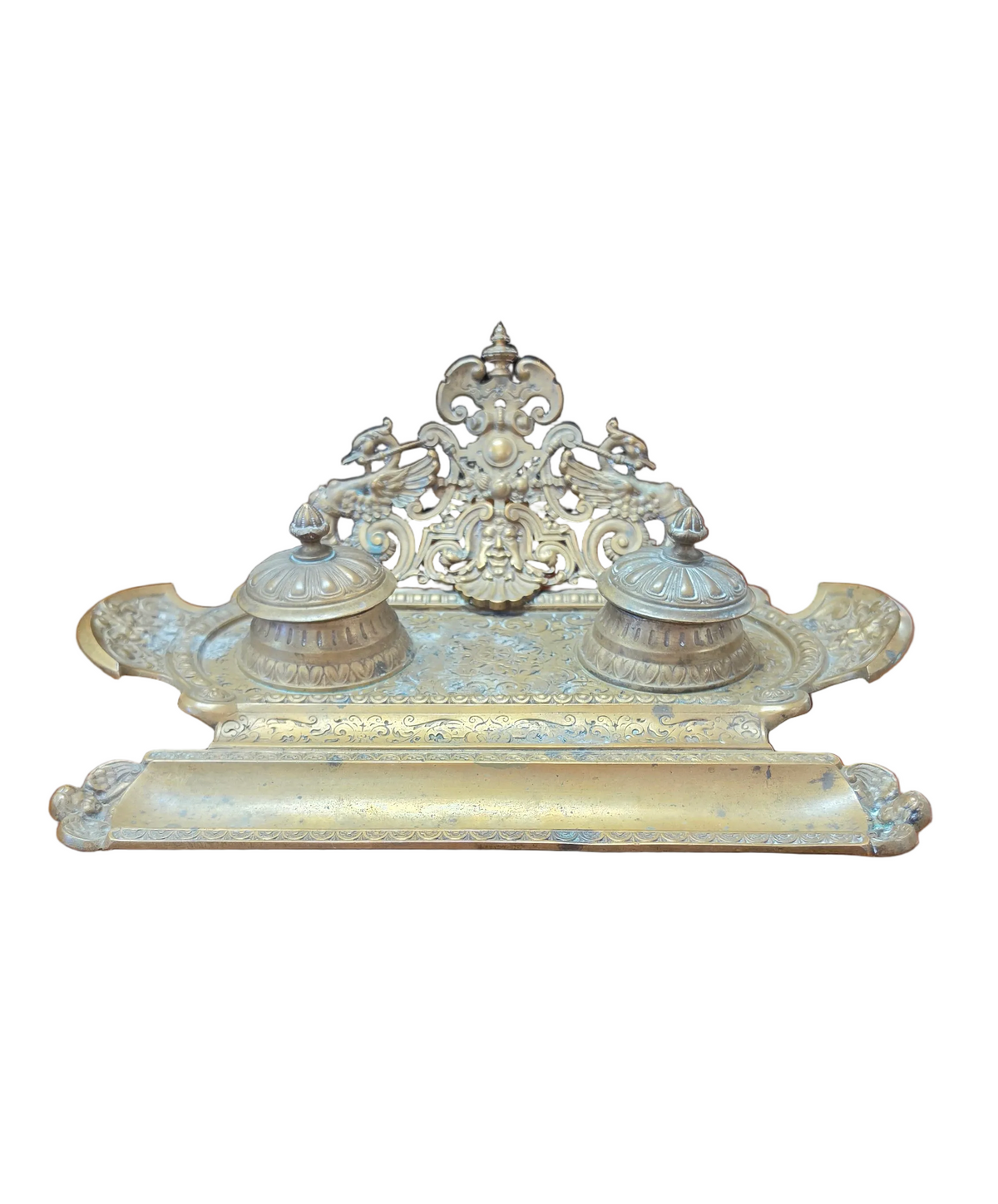 Antique French Brass Double Inkwell Stand | Renaissance Revival Desk Set | c. 1880–1900