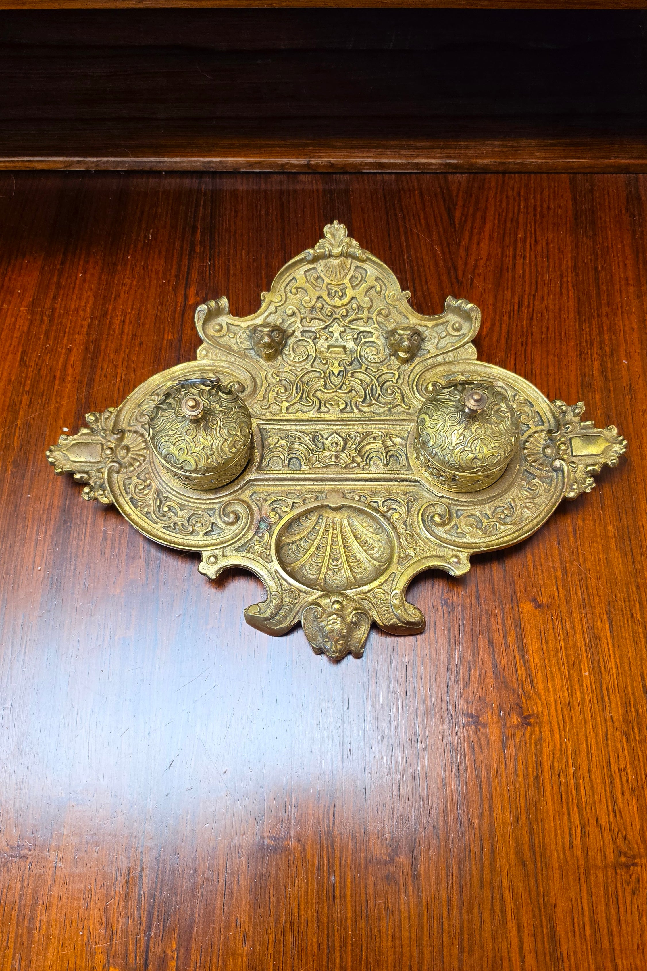French Brass Double Inkwell, Rococo Revival