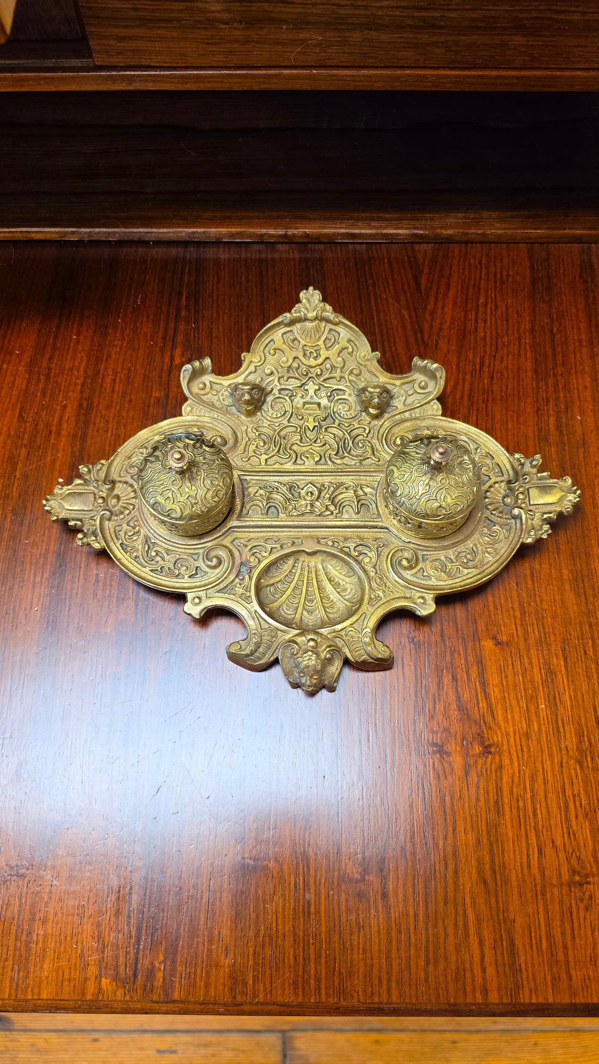 French Brass Double Inkwell, Rococo Revival
