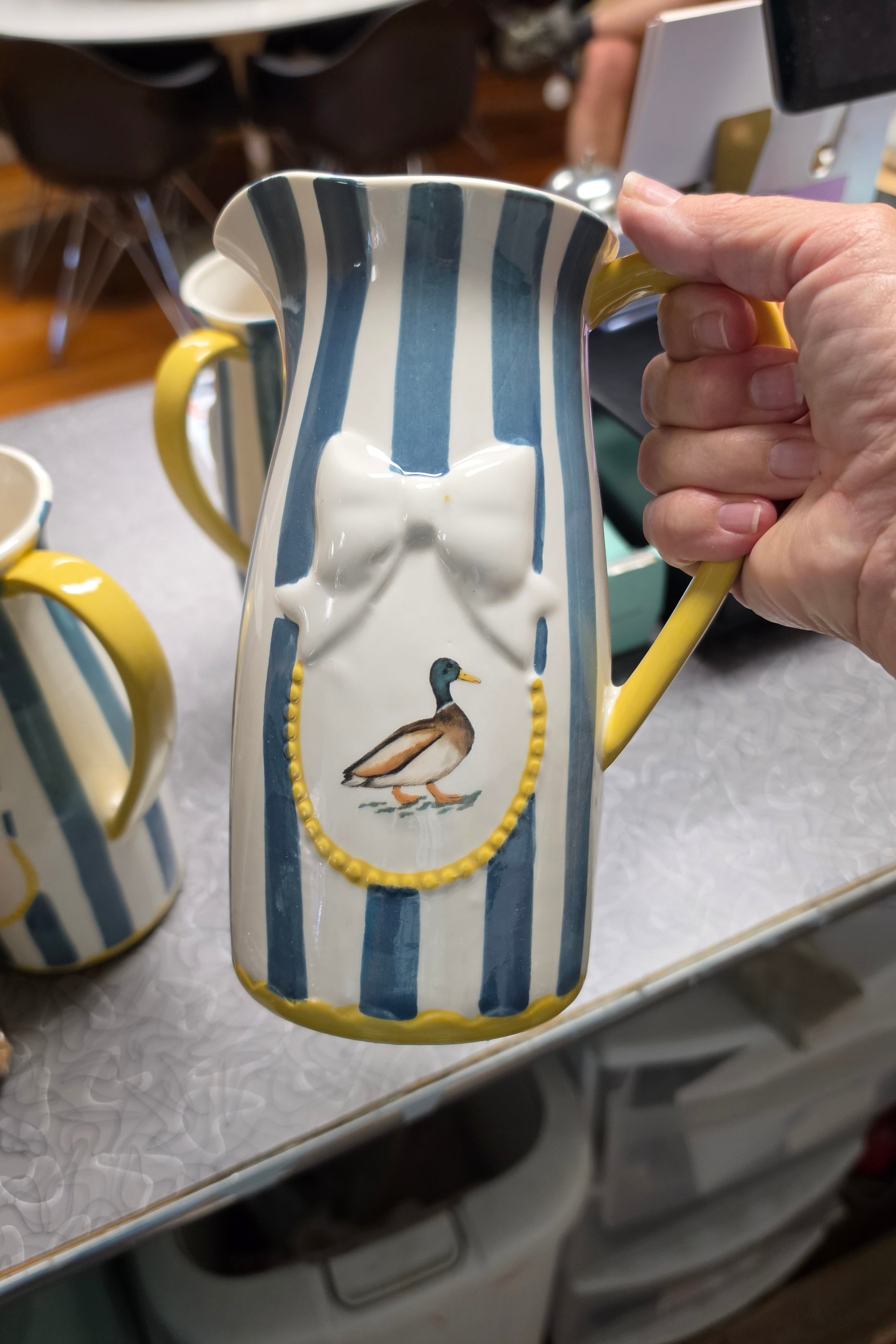 Striped Pitcher with Duck
