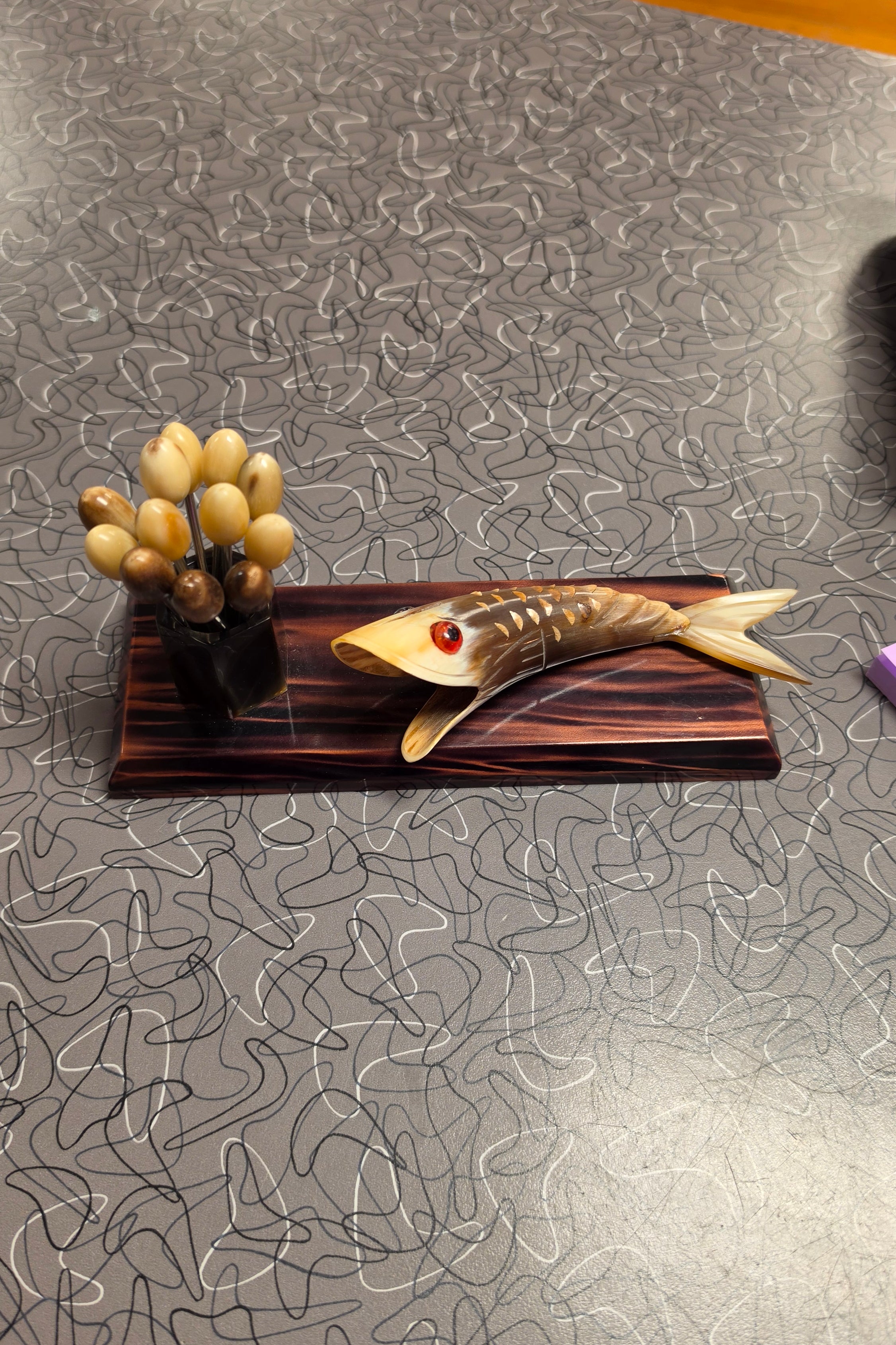 French Horn Cocktail Pick Set with Fish Holder, c. 1950s–60s