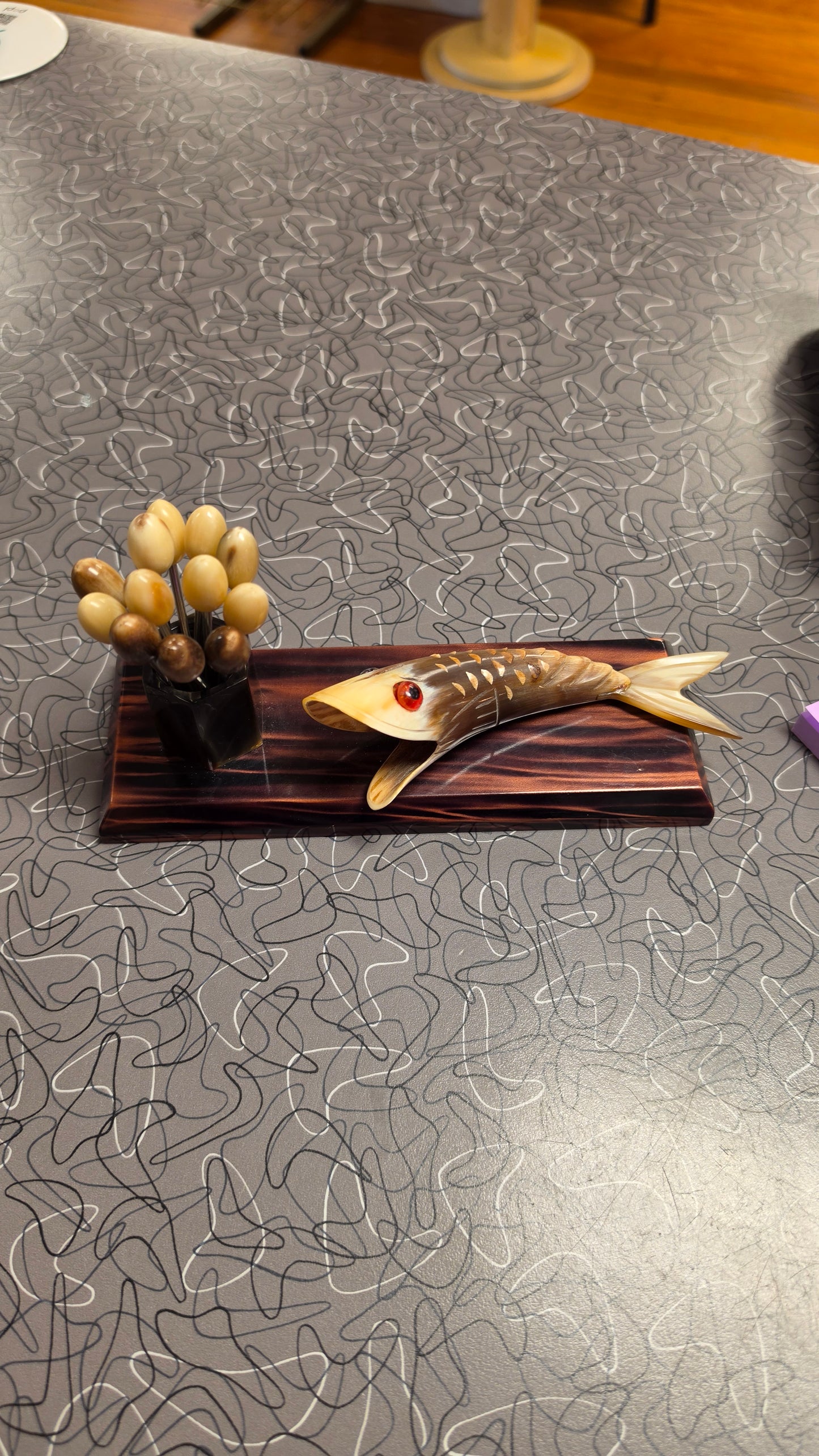 French Horn Cocktail Pick Set with Fish Holder, c. 1950s–60s