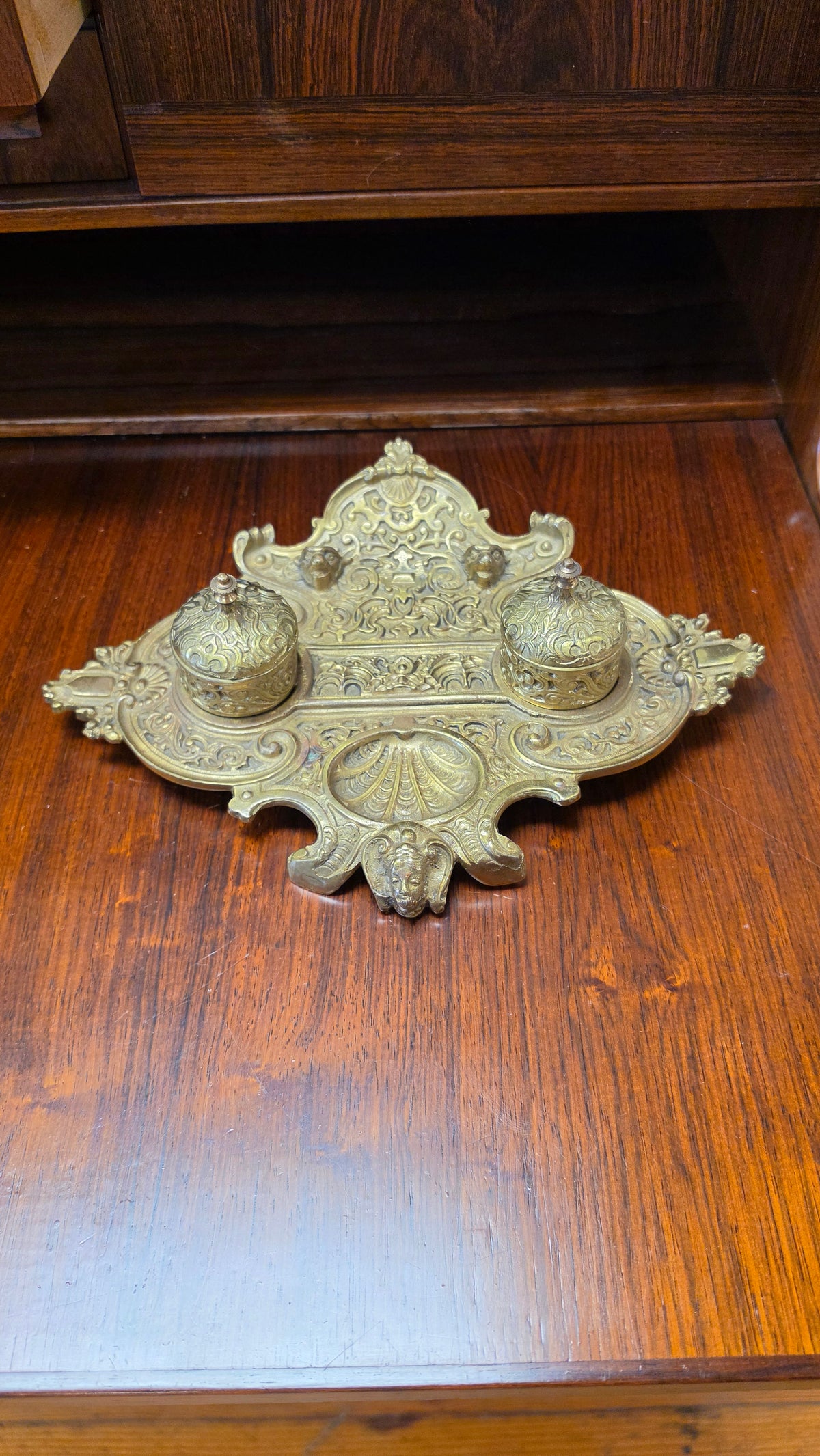 French Brass Double Inkwell, Rococo Revival