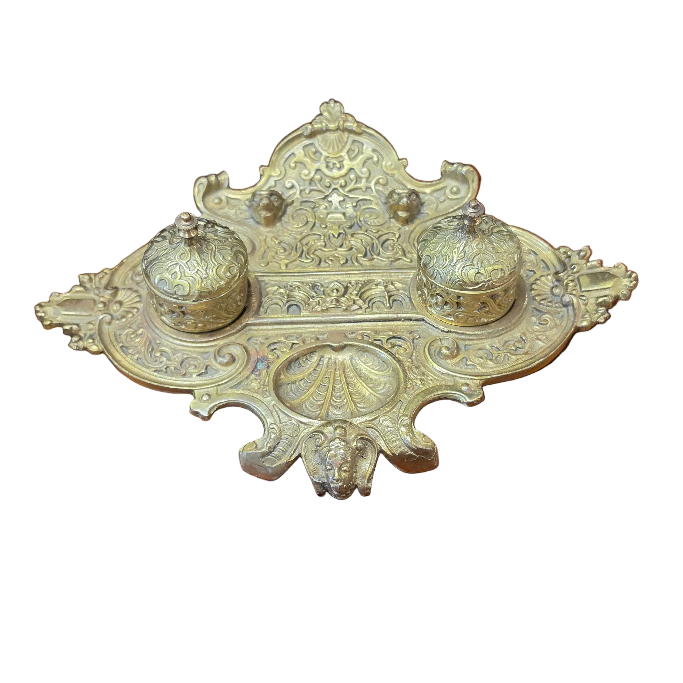 French Brass Double Inkwell, Rococo Revival