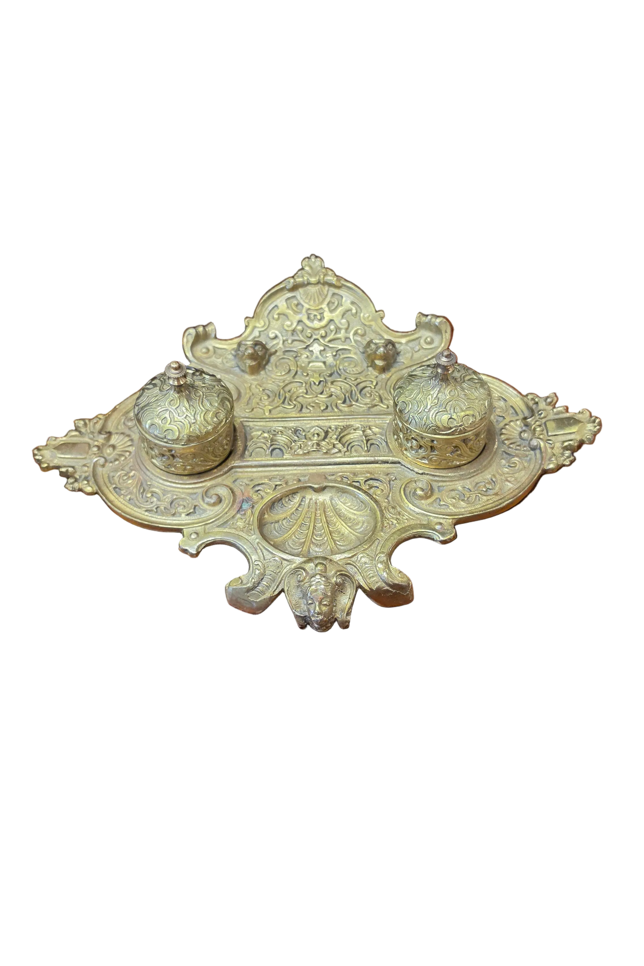 French Brass Double Inkwell, Rococo Revival