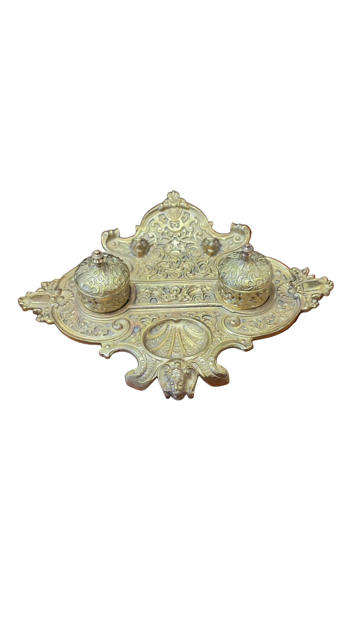 French Brass Double Inkwell, Rococo Revival