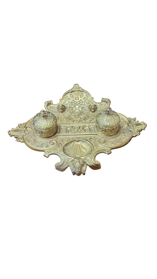French Brass Double Inkwell, Rococo Revival