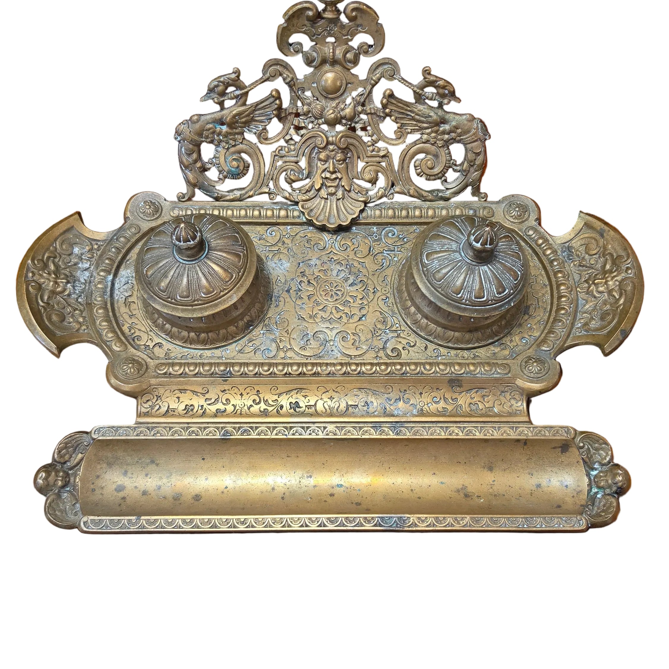 Antique French Brass Double Inkwell Stand | Renaissance Revival Desk Set | c. 1880–1900