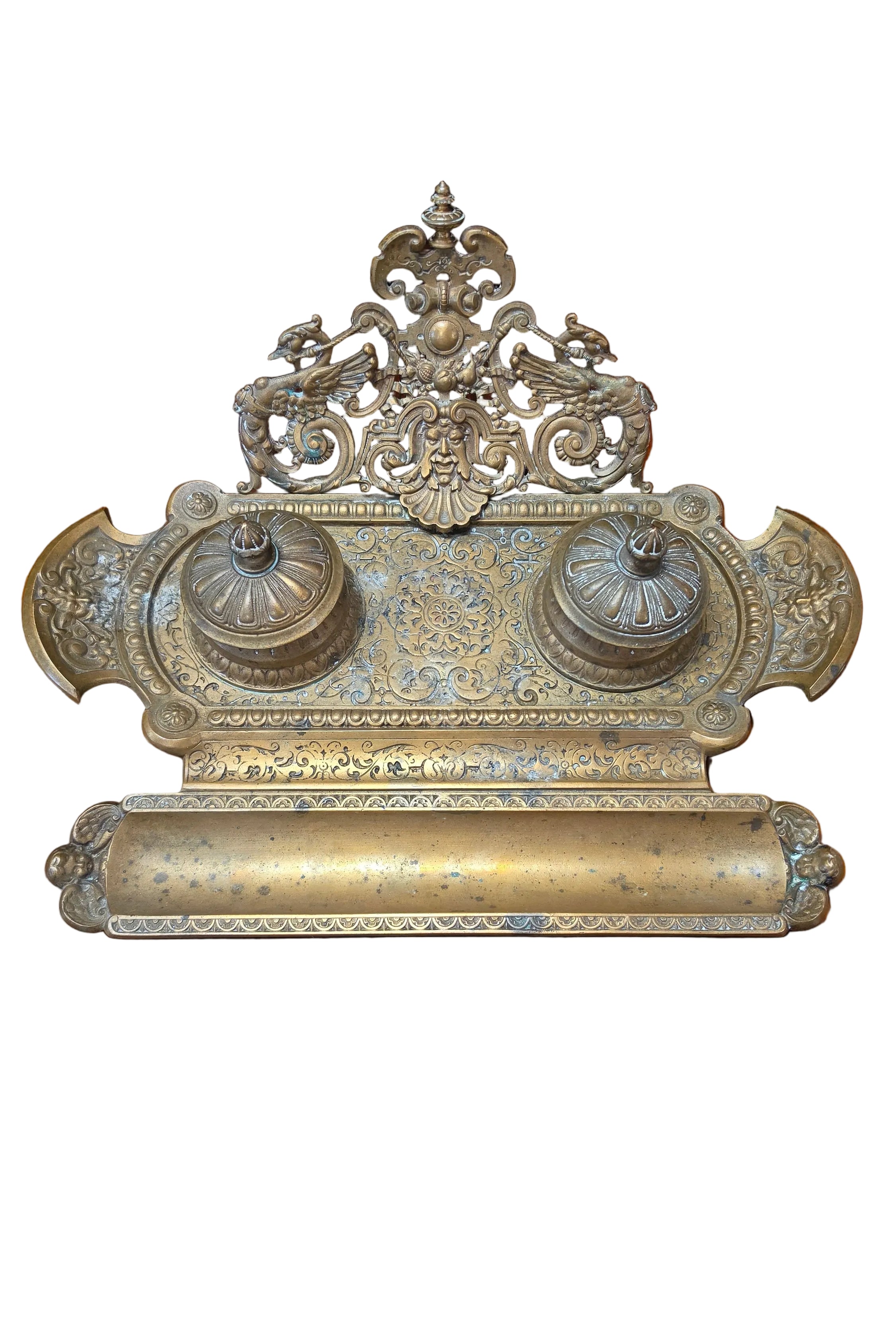 Antique French Brass Double Inkwell Stand | Renaissance Revival Desk Set | c. 1880–1900