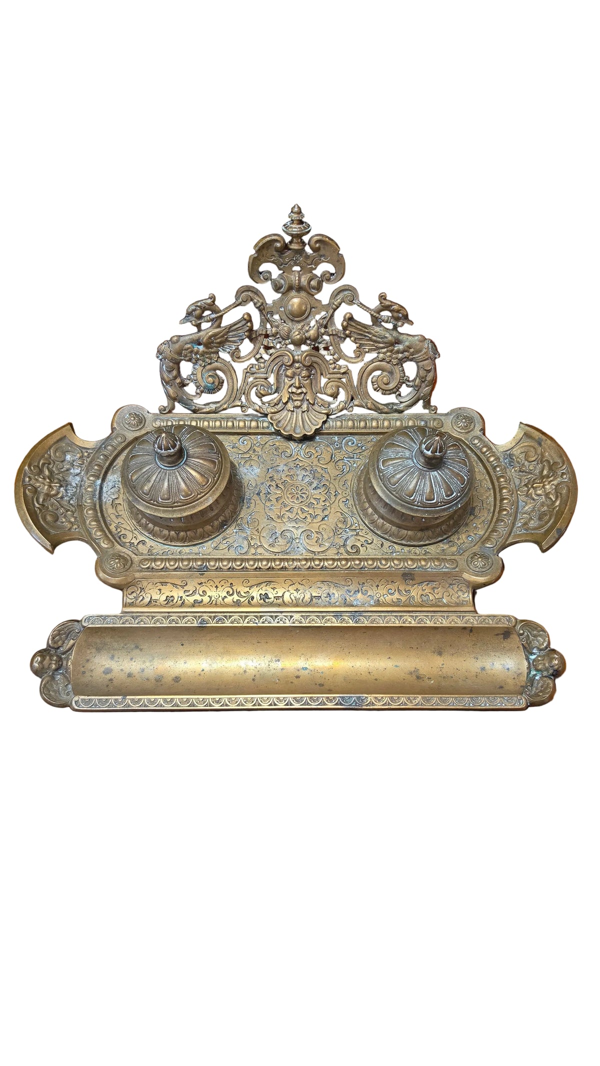 Antique French Brass Double Inkwell Stand | Renaissance Revival Desk Set | c. 1880–1900