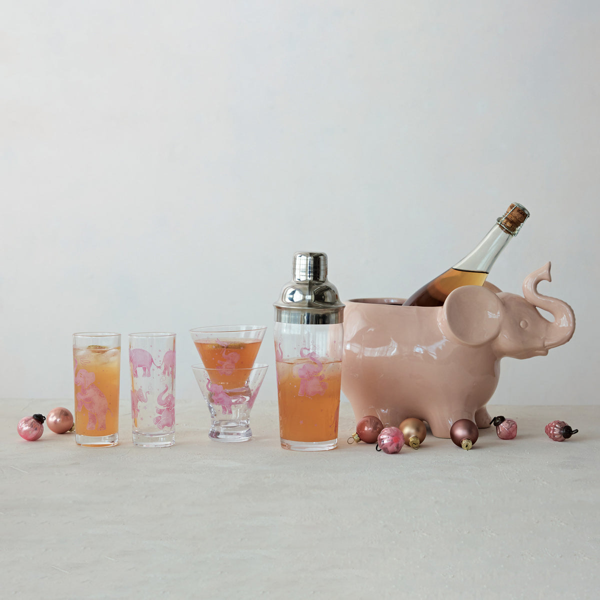 6 oz. Stemless Martini Glass with Pink Elephants