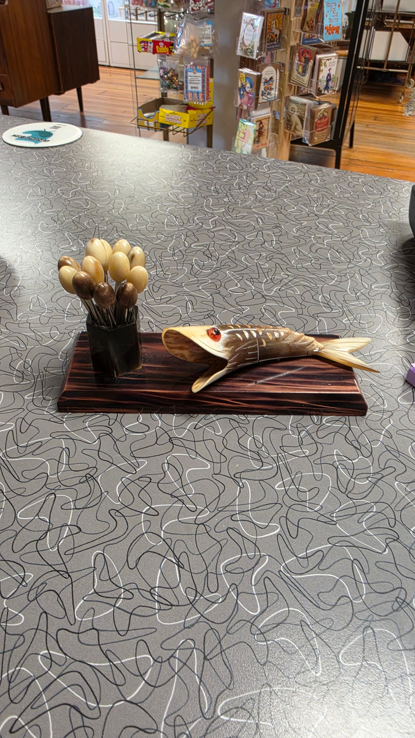 French Horn Cocktail Pick Set with Fish Holder, c. 1950s–60s