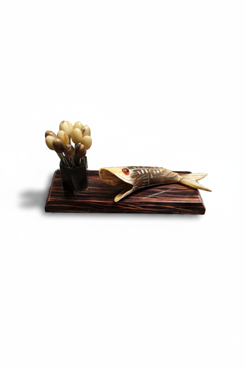 French Horn Cocktail Pick Set with Fish Holder, c. 1950s–60s