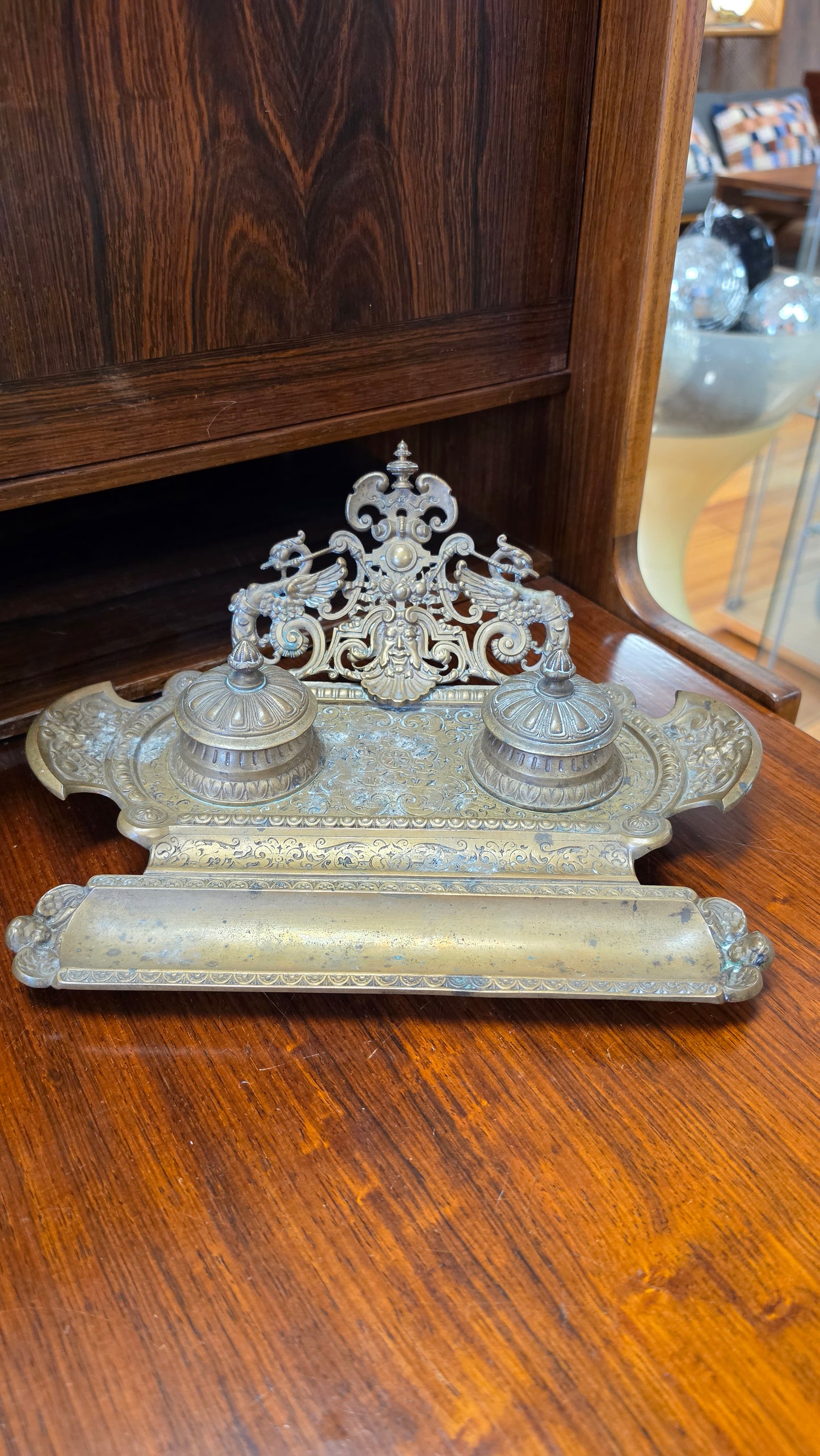French Victorian Brass Double Inkstand