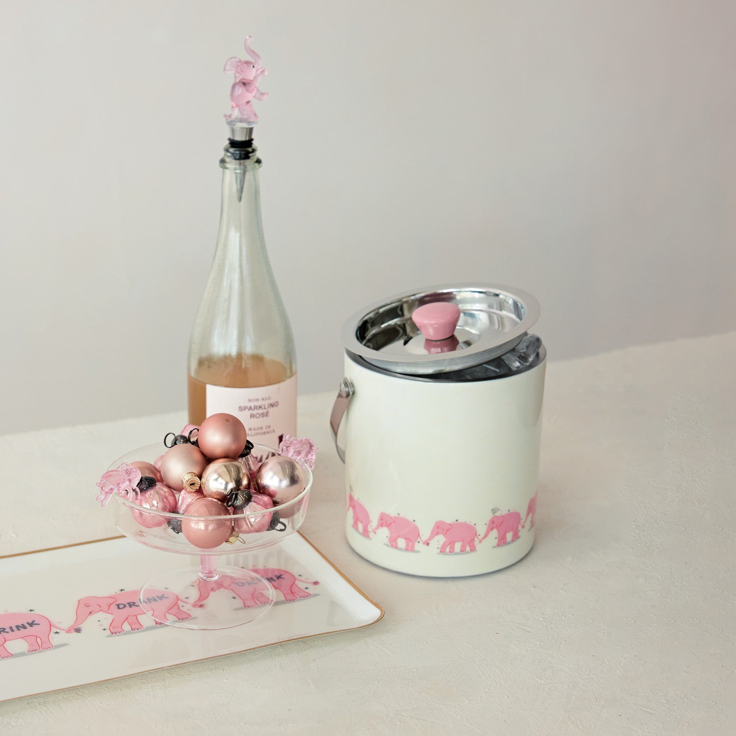 Enameled Metal Tray with Pink Elephants