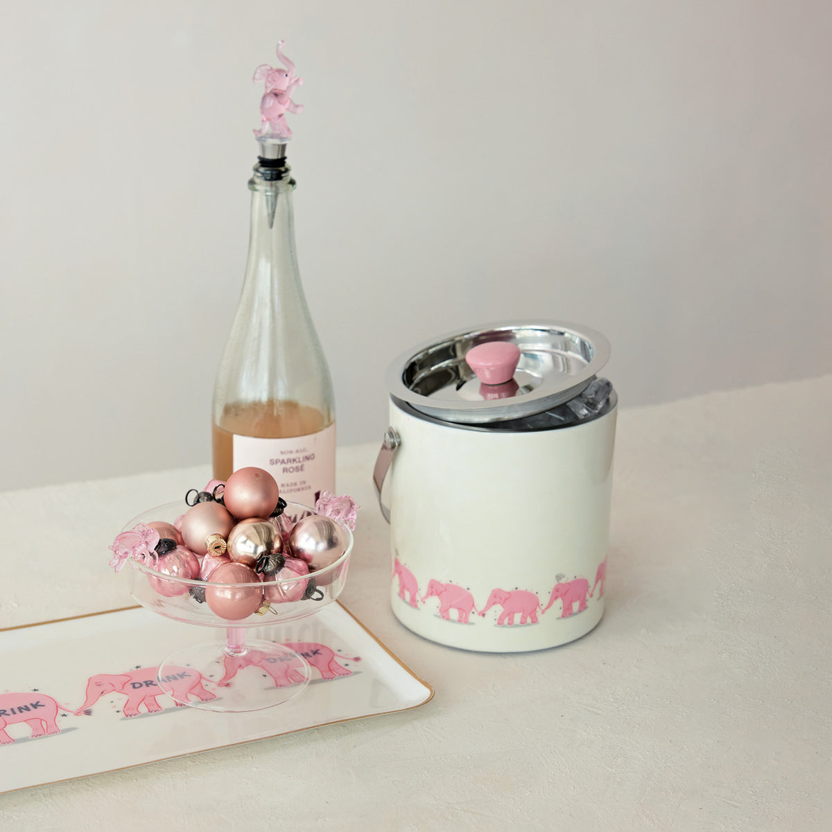Enameled Metal Tray with Pink Elephants