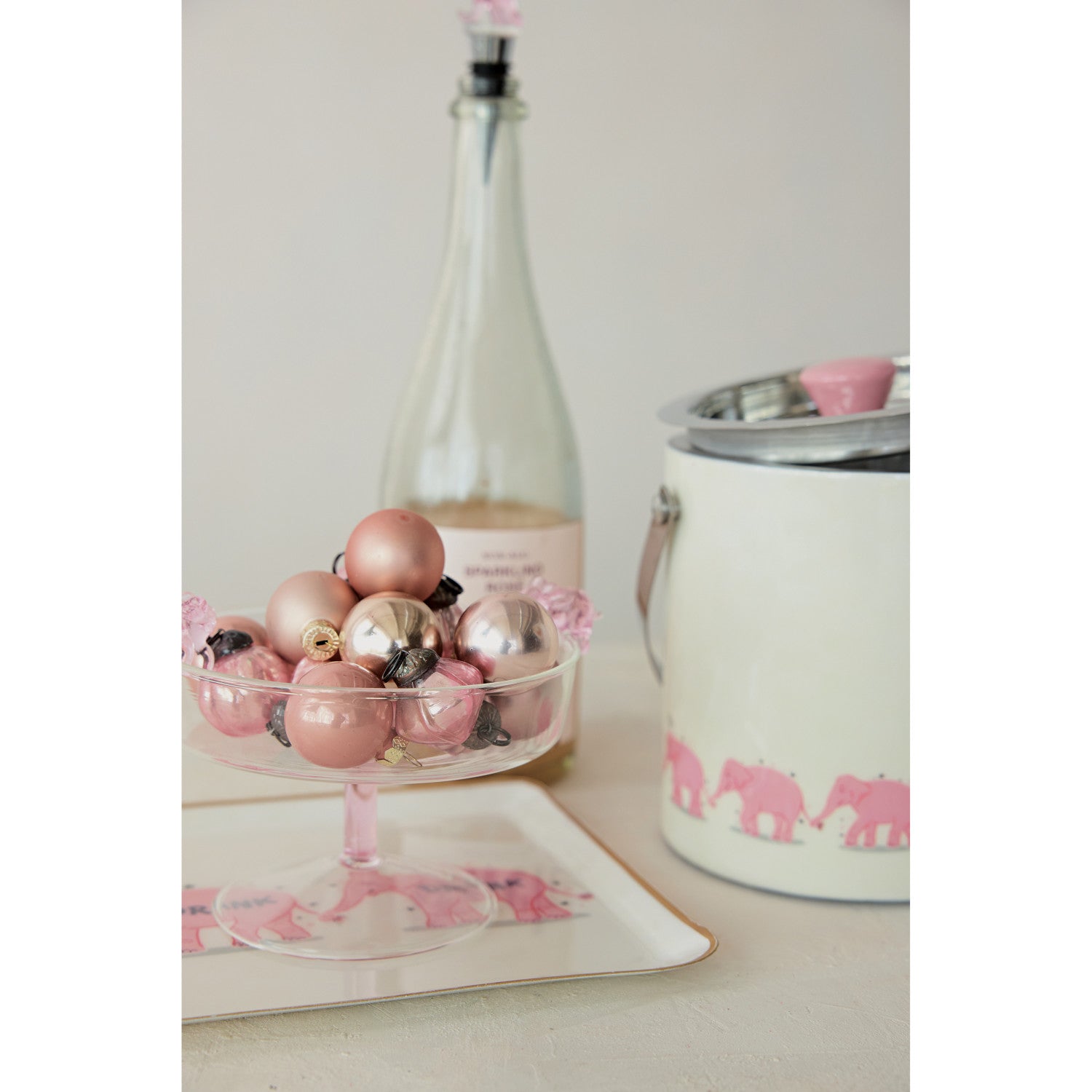 Glass Pedestal Bowl with 3D Pink Elephants