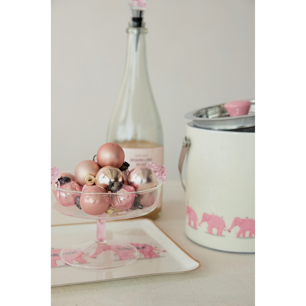 Glass Pedestal Bowl with 3D Pink Elephants