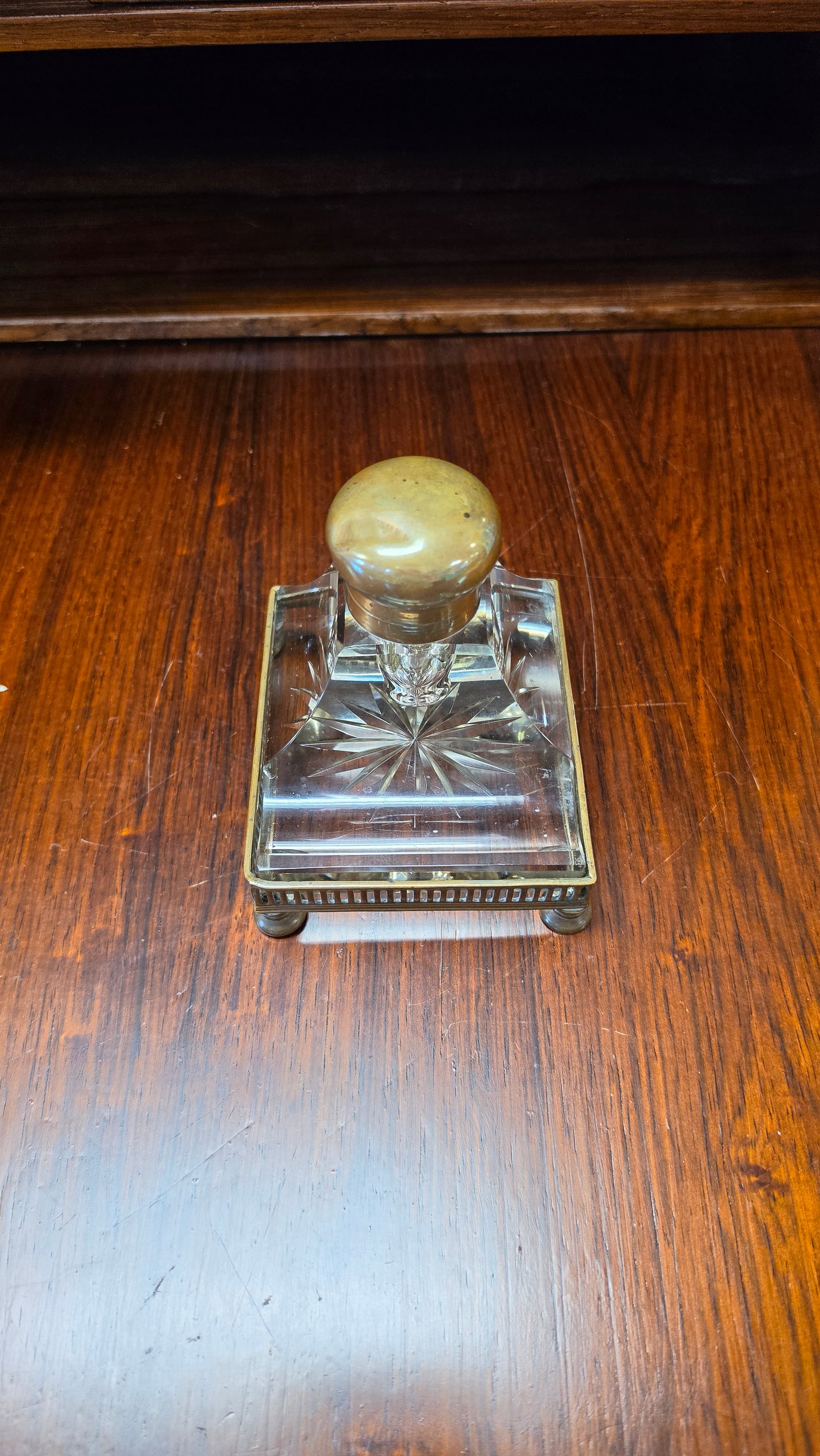 Antique French Crystal Inkwell | Belle Époque | Brass Gallery & Bun Feet | c. 1880–1910
