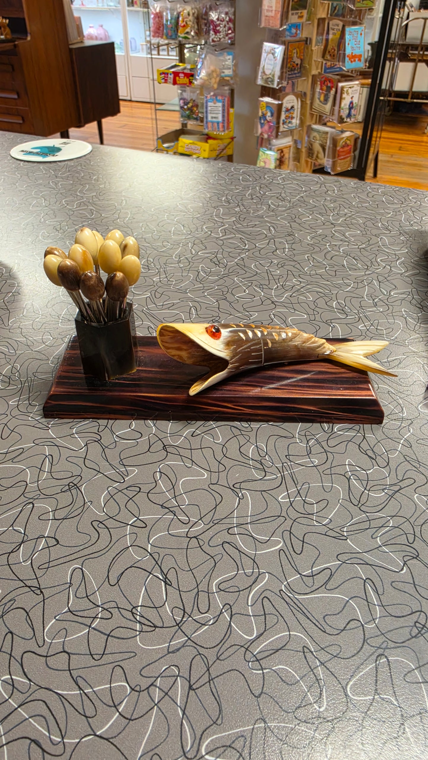 French Horn Cocktail Pick Set with Fish Holder, c. 1950s–60s