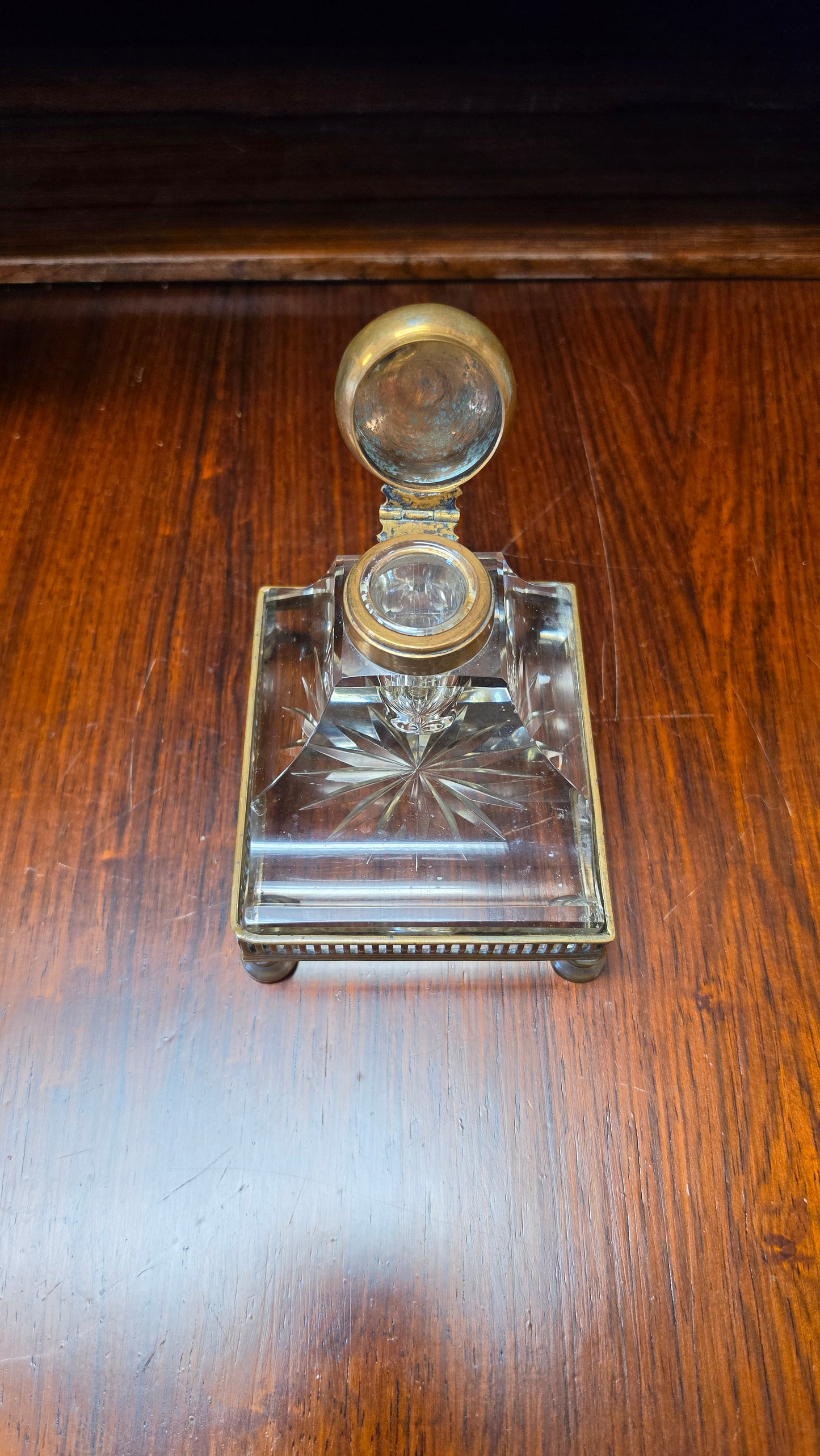 Antique French Crystal Inkwell | Belle Époque | Brass Gallery & Bun Feet | c. 1880–1910