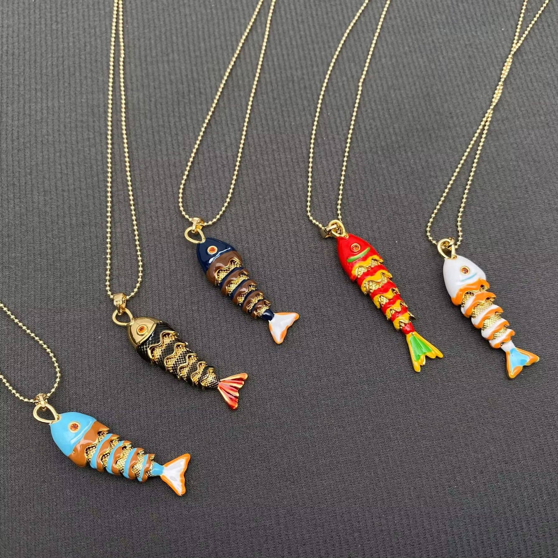 Summer Ocean Style Enamel Fish Charm Necklace - Vintage MC