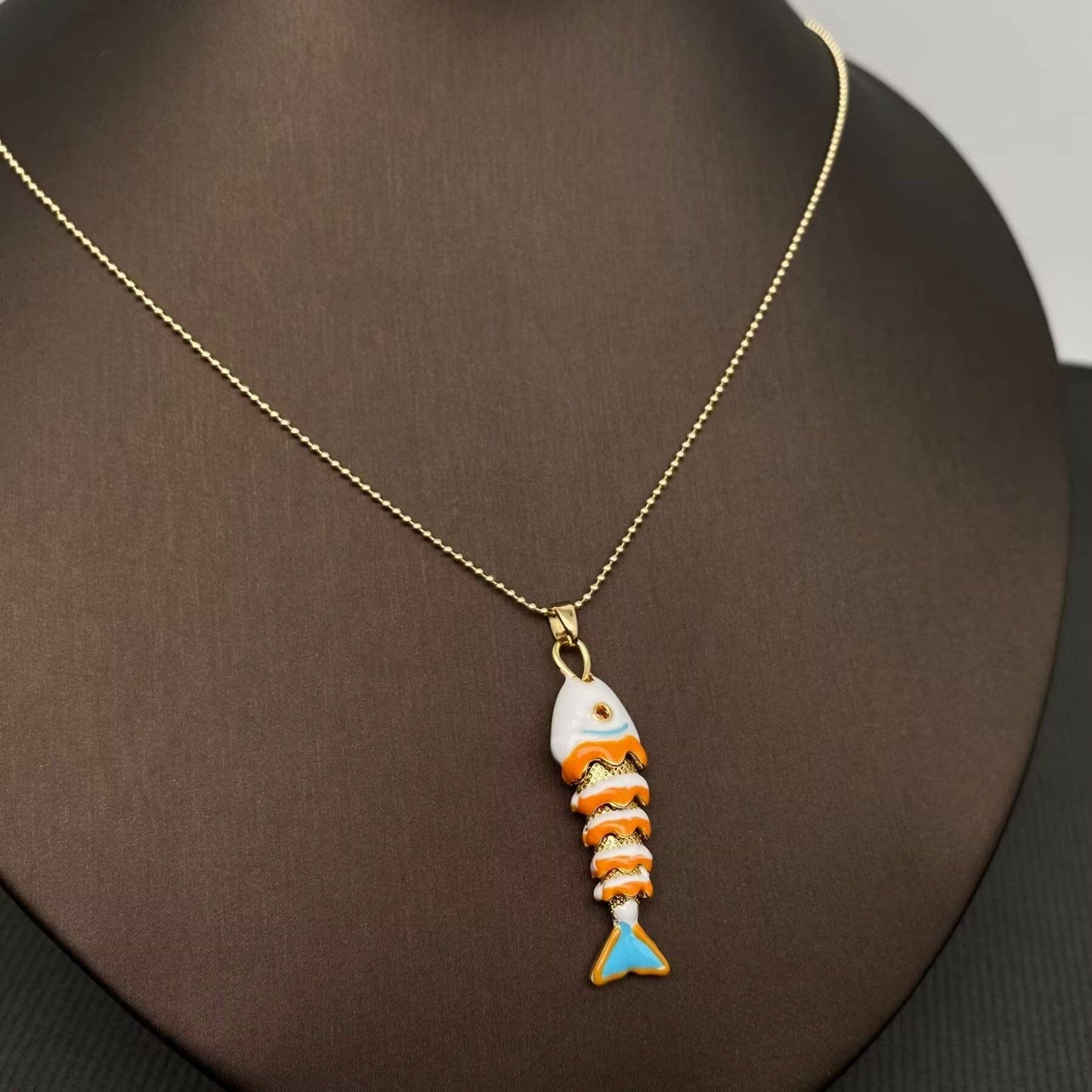 Summer Ocean Style Enamel Fish Charm Necklace - Vintage MC