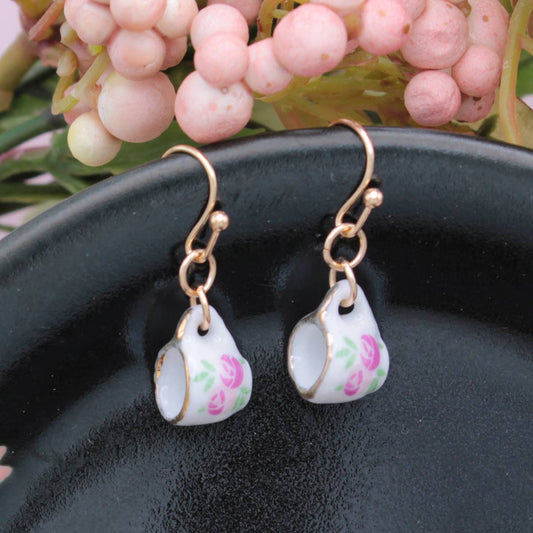Tea Time Pink Floral Teacup Gold Earrings - Vintage MC