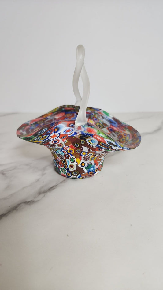 Vintage Rainbow Millefiori Murano Small Art Glass Bridal Basket - Vintage MC
