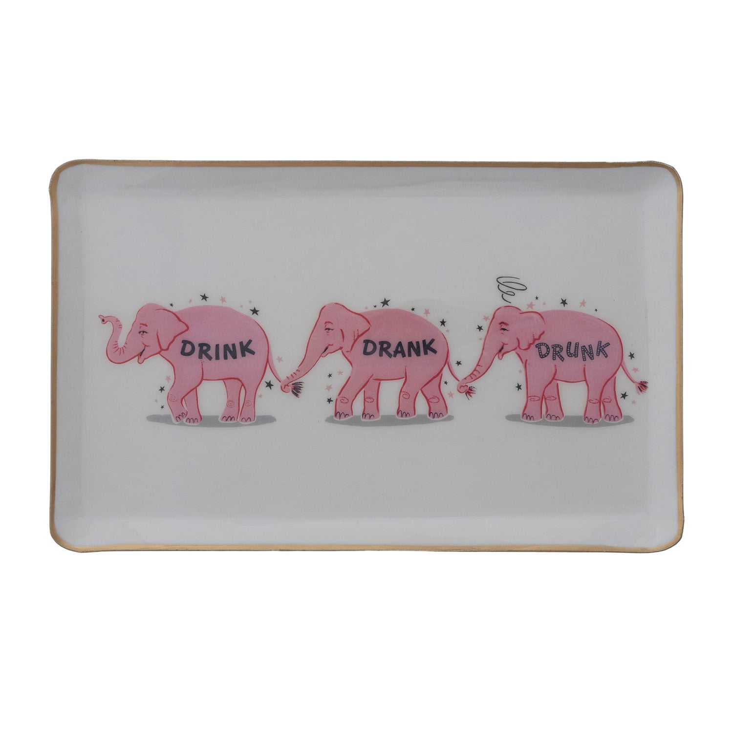 Enameled Metal Tray with Pink Elephants & Gold Edge "Drink, Drank, Drunk" ©