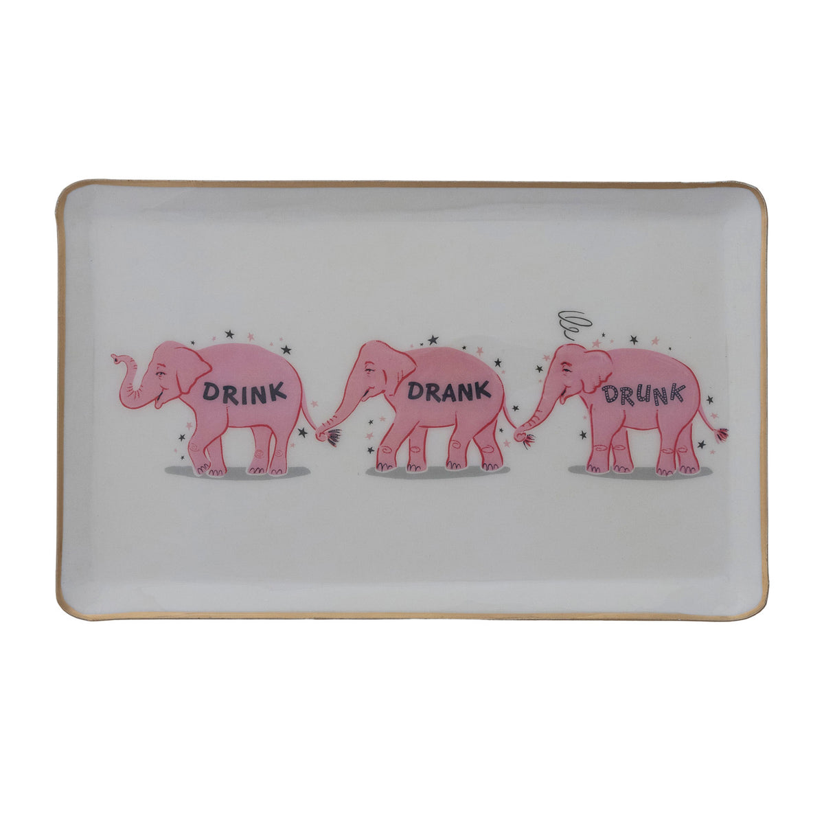 Enameled Metal Tray with Pink Elephants & Gold Edge "Drink, Drank, Drunk" ©