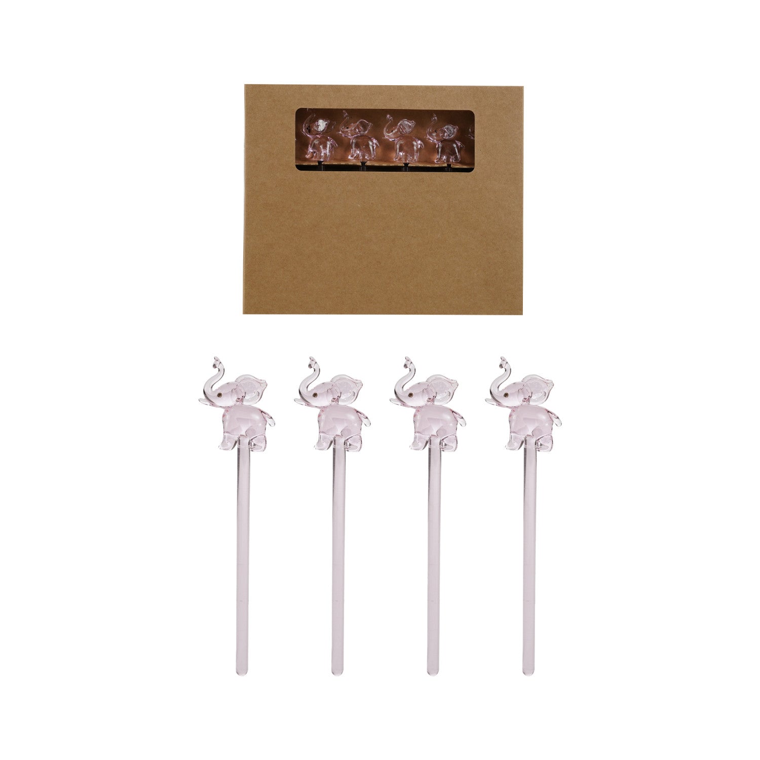 Glass Cocktail Stirrers with Pink Elephants, Boxed Set of 6