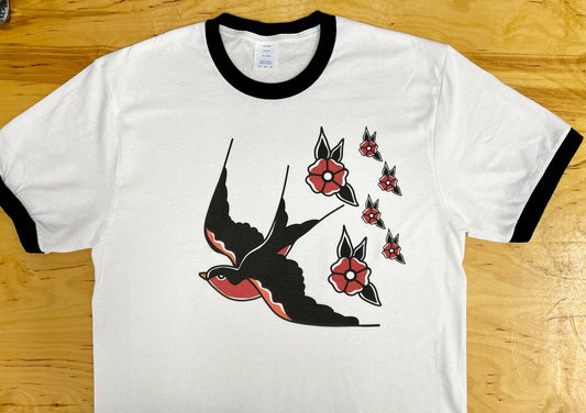 Traditional Sparrows and Flowers Black and White Ringer T-Sh