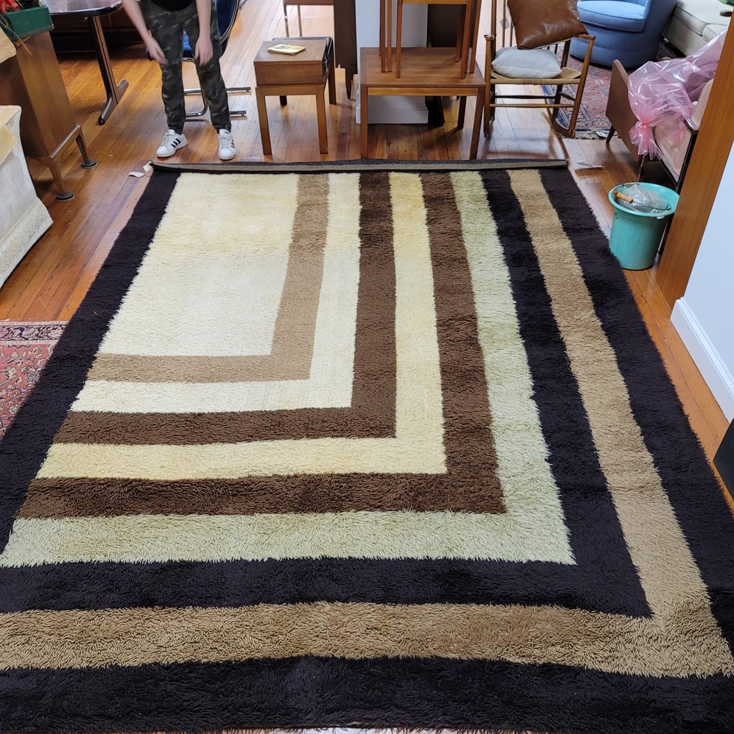 "Barry" Brown, Black and Cream Room-Size 70s Vintage Shag Rug