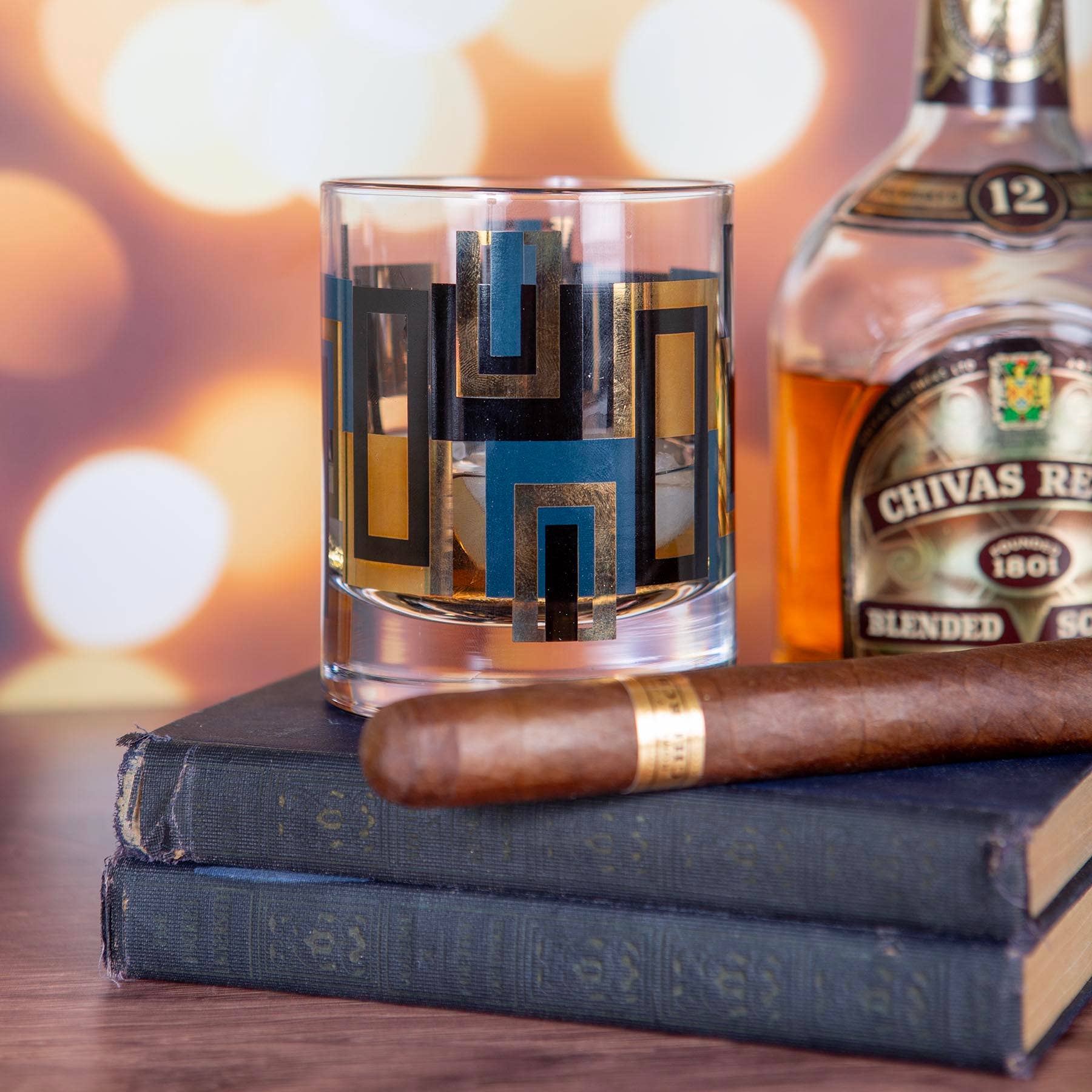 Blue and Gold Vintage inspired Whiskey Cocktail Glass - Vintage MC