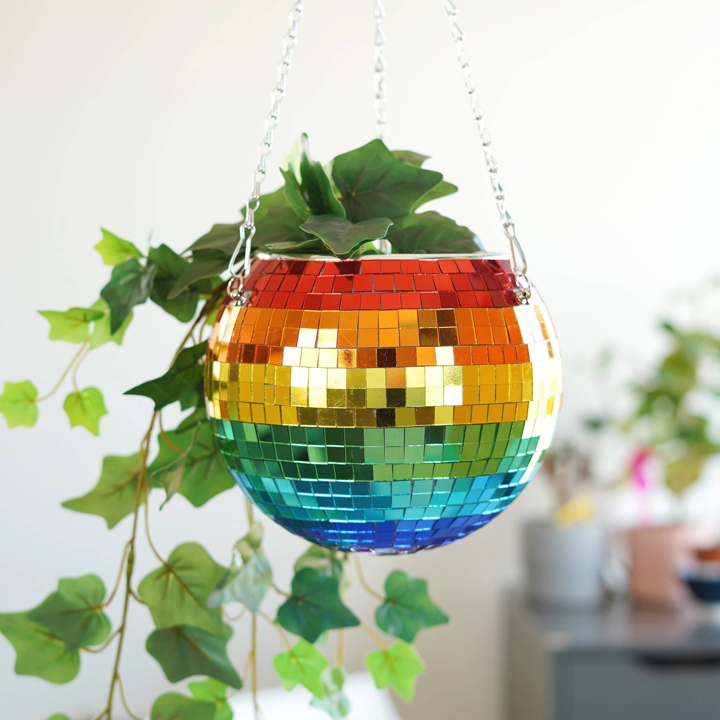 Disco Ball Hanging Planter - Rainbow 8"