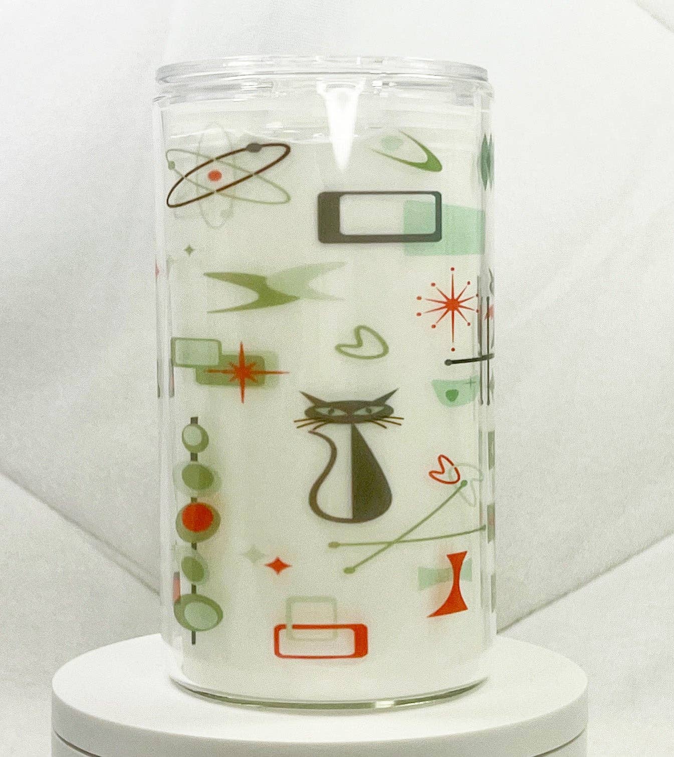 MCM Mix Retro Cat Glass with Drinking Lid and Straw